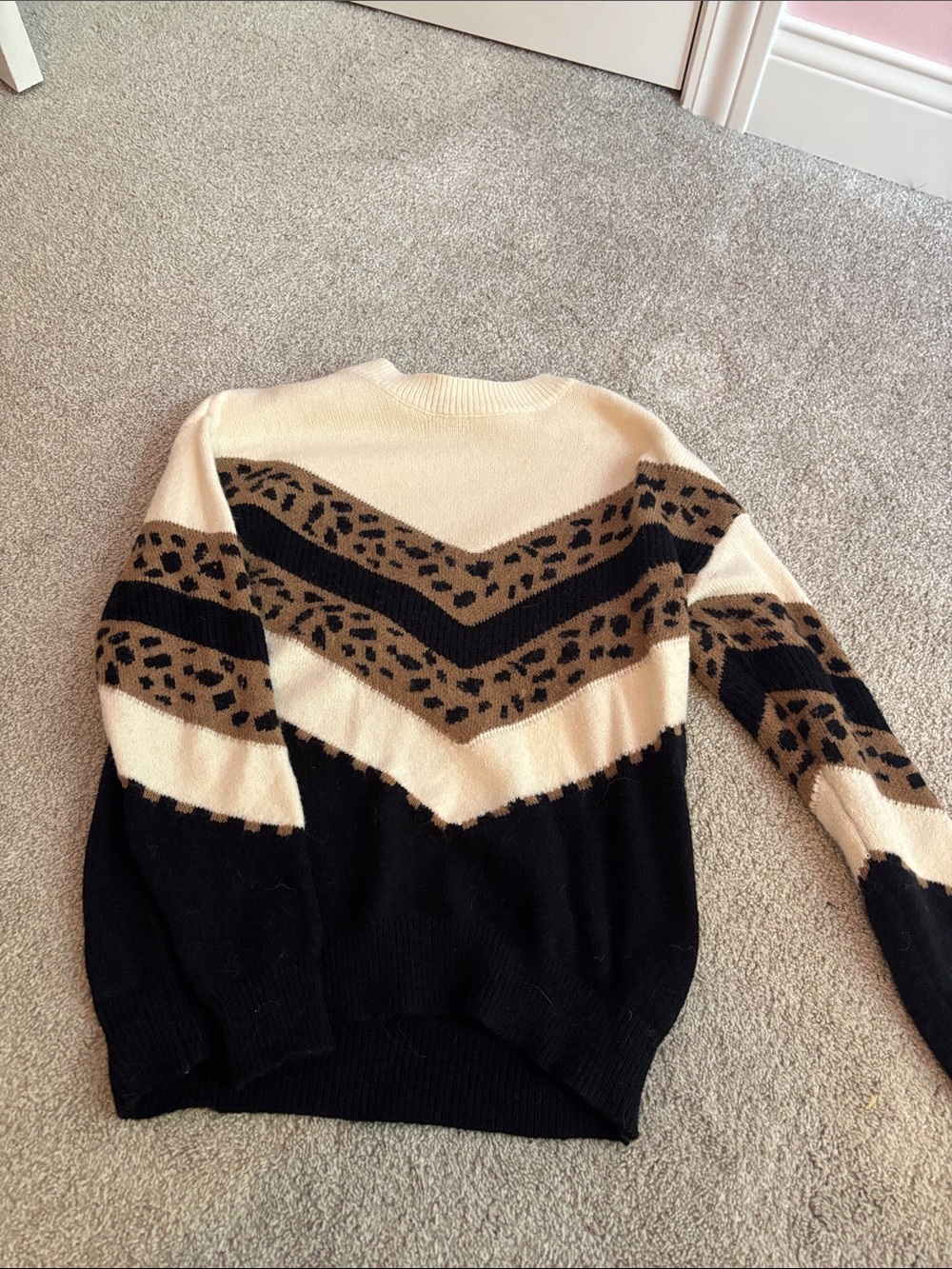 BiBi Black, Cream & Tan Chevron Leopard Crewneck Sweater